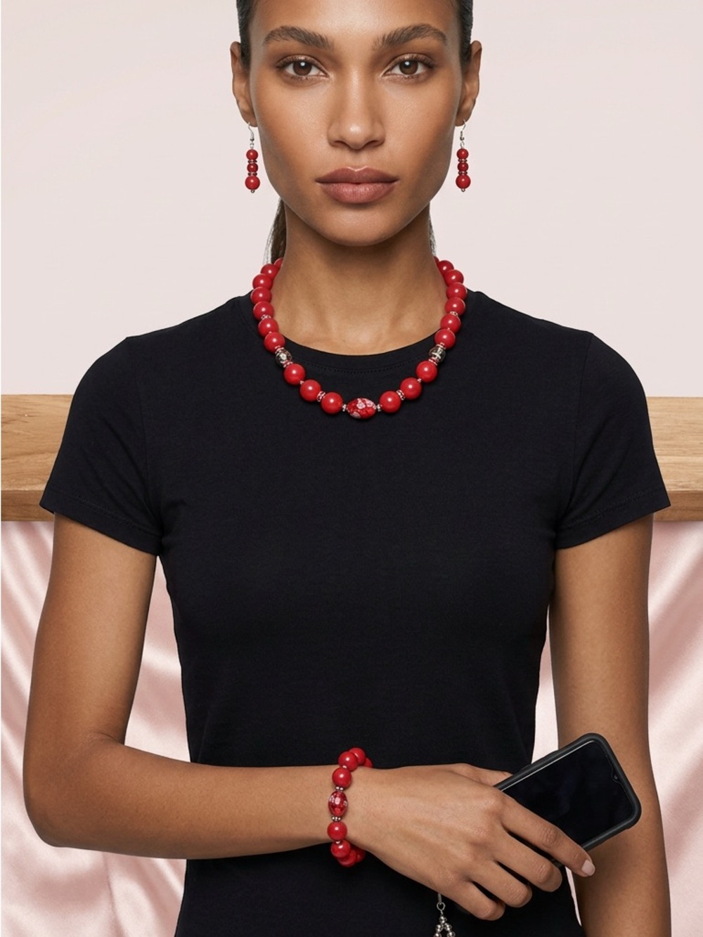 Coquette Red Bow Beaded Bracelet Earrings Phone Charm Set BTJ